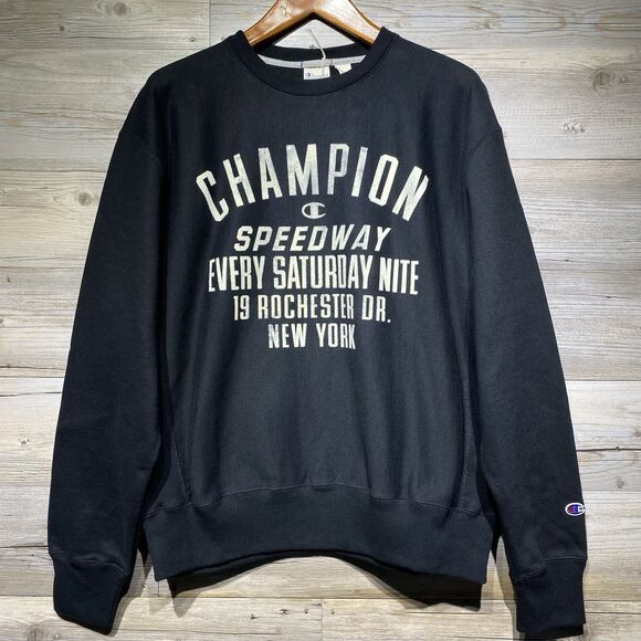 Champion Reverse Weave Warm Up Sweatshirt Black Retro Speedway Print Mens Medium - Picture 1 of 9